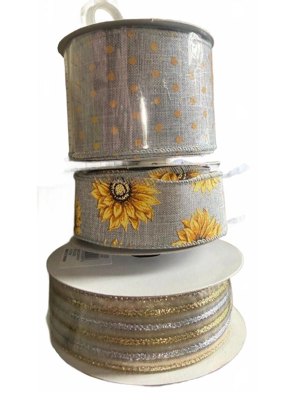 Lot of Wired Ribbon Gray Yellow Sunflower Sparkly Stripe 2.5” 1.5” boho supplies